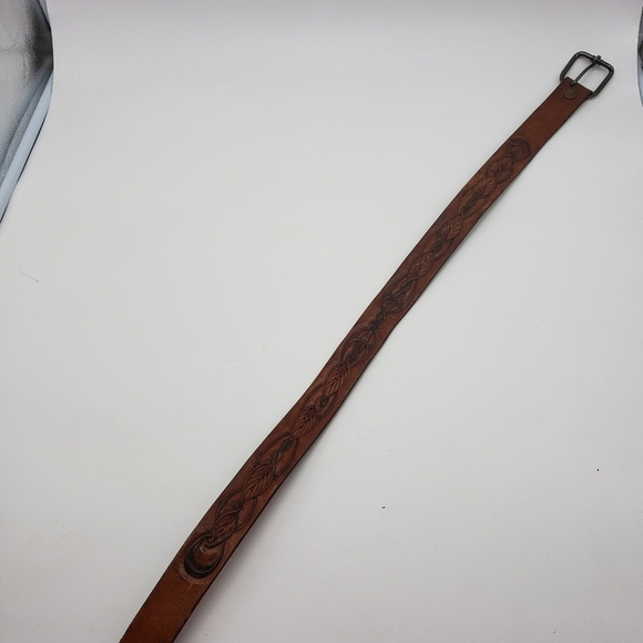 Vintage Artisan handmade belt women 30 brown embossed tooled vine leaf pattern - Picture 6 of 15